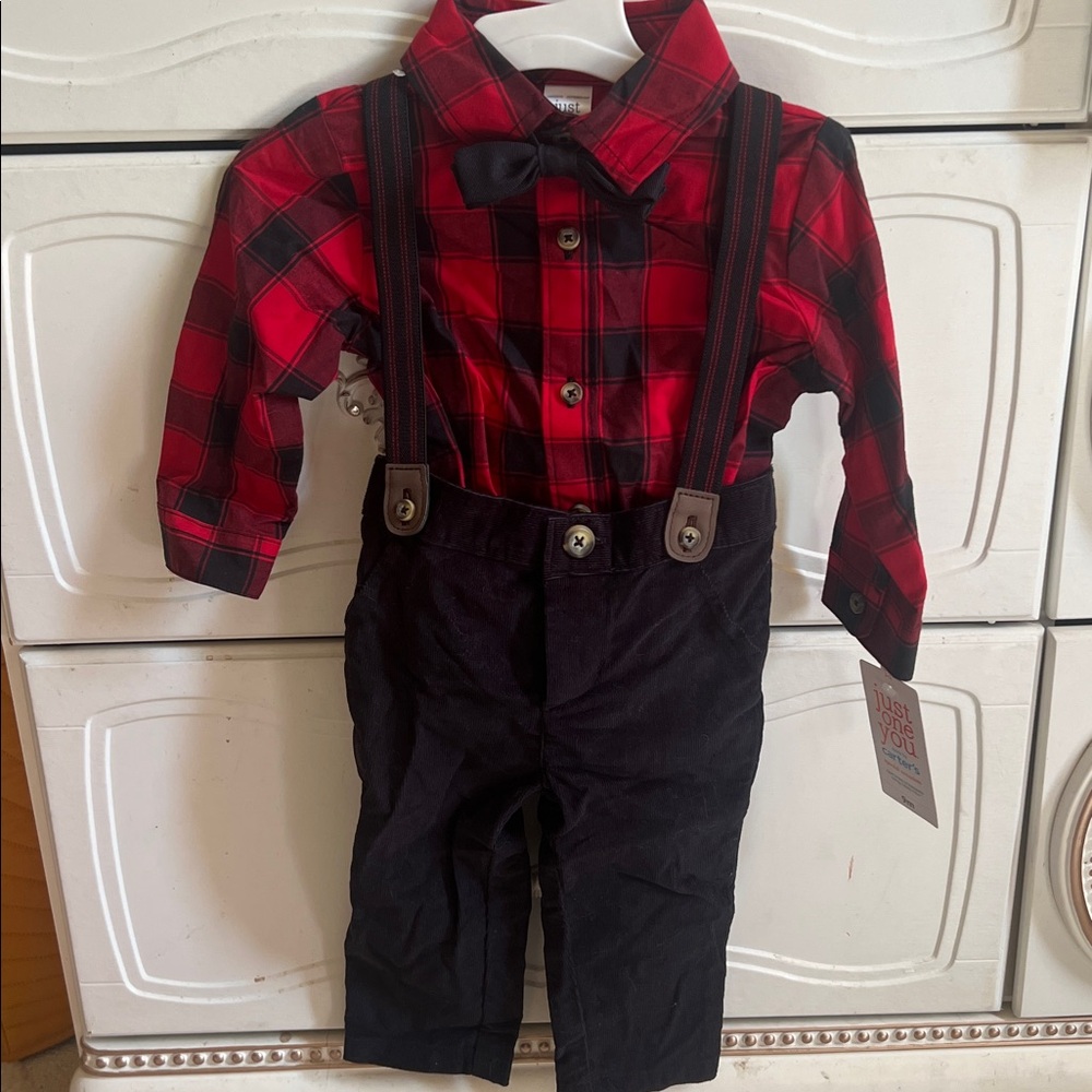 Red Plaid Shirt & Black Suspender Pants Set with bow tie for Kids NWT